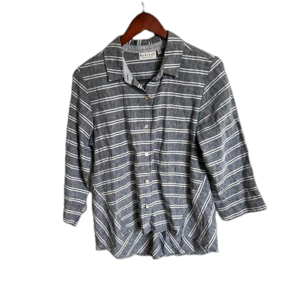 Habitat Clothes To Live In Gray White Stripe 100% Linen Flowy Hi-Lo Size small